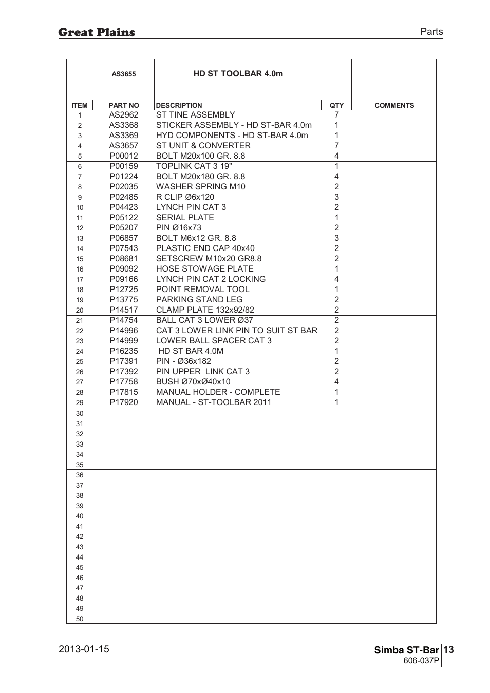 St-bar, 30 6. parts and assembly, Bas 36 55 | 31 st-bar, Parts and assembly, Parts 13 simba st-bar, Operating instructions, Hd st toolbar 4.0m, 037p, Si m b a | Great Plains ST-Bar Parts Manual User Manual | Page 13 / 32