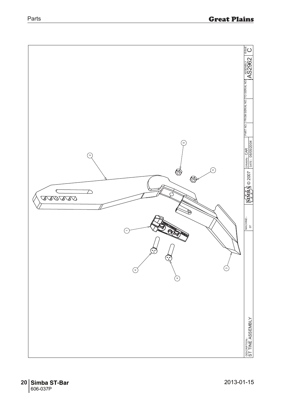 St-bar, 38 6. parts and assembly, Cas 29 62 | Parts 20 simba st-bar, Operating instructions, 037p, Si m b a | Great Plains ST-Bar Parts Manual User Manual | Page 20 / 32