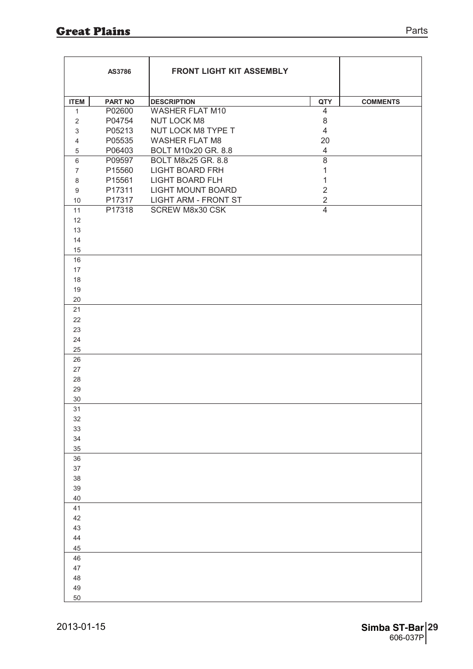 St-bar, 56 6. parts and assembly, Cas 37 86 | Ro ta te t o su it d ia g r am s ab o ve, 57 st-bar, Parts and assembly, Parts 29 simba st-bar, Operating instructions, Front light kit assembly, 037p | Great Plains ST-Bar Parts Manual User Manual | Page 29 / 32
