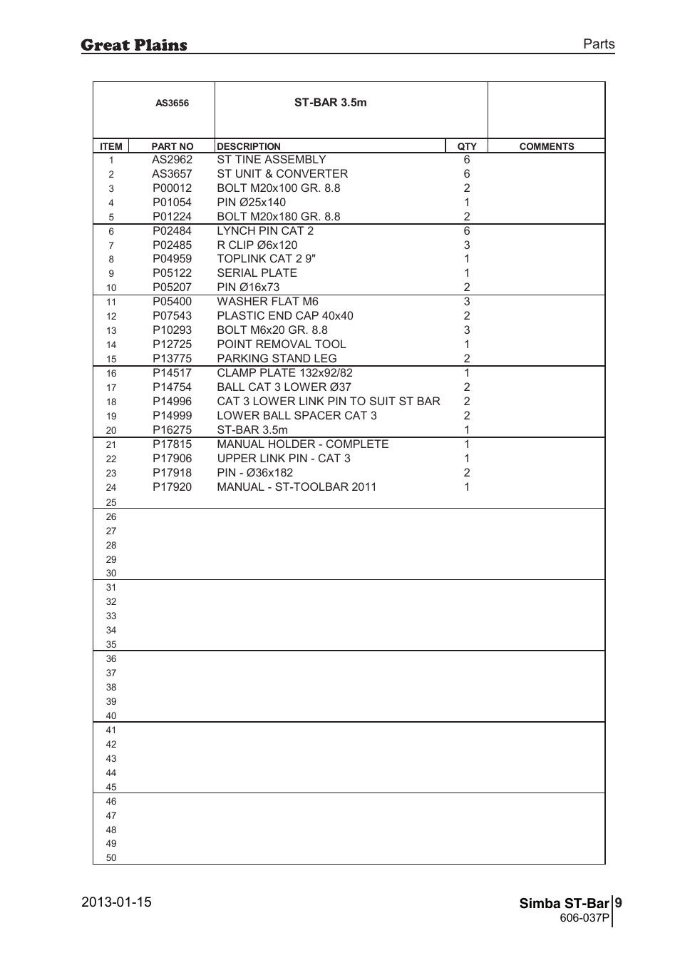 St-bar, Parts and assembly, Parts 9 simba st-bar | Great Plains ST-Bar Parts Manual User Manual | Page 9 / 32