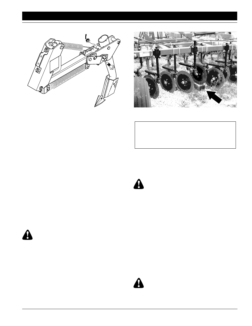 Coulter adjustments, Fertilizer tine adjustments, Dry fertilizer tine depth adjustments | Figure 3-7, Warning, Caution | Great Plains ADI445 Operator Manual User Manual | Page 37 / 48