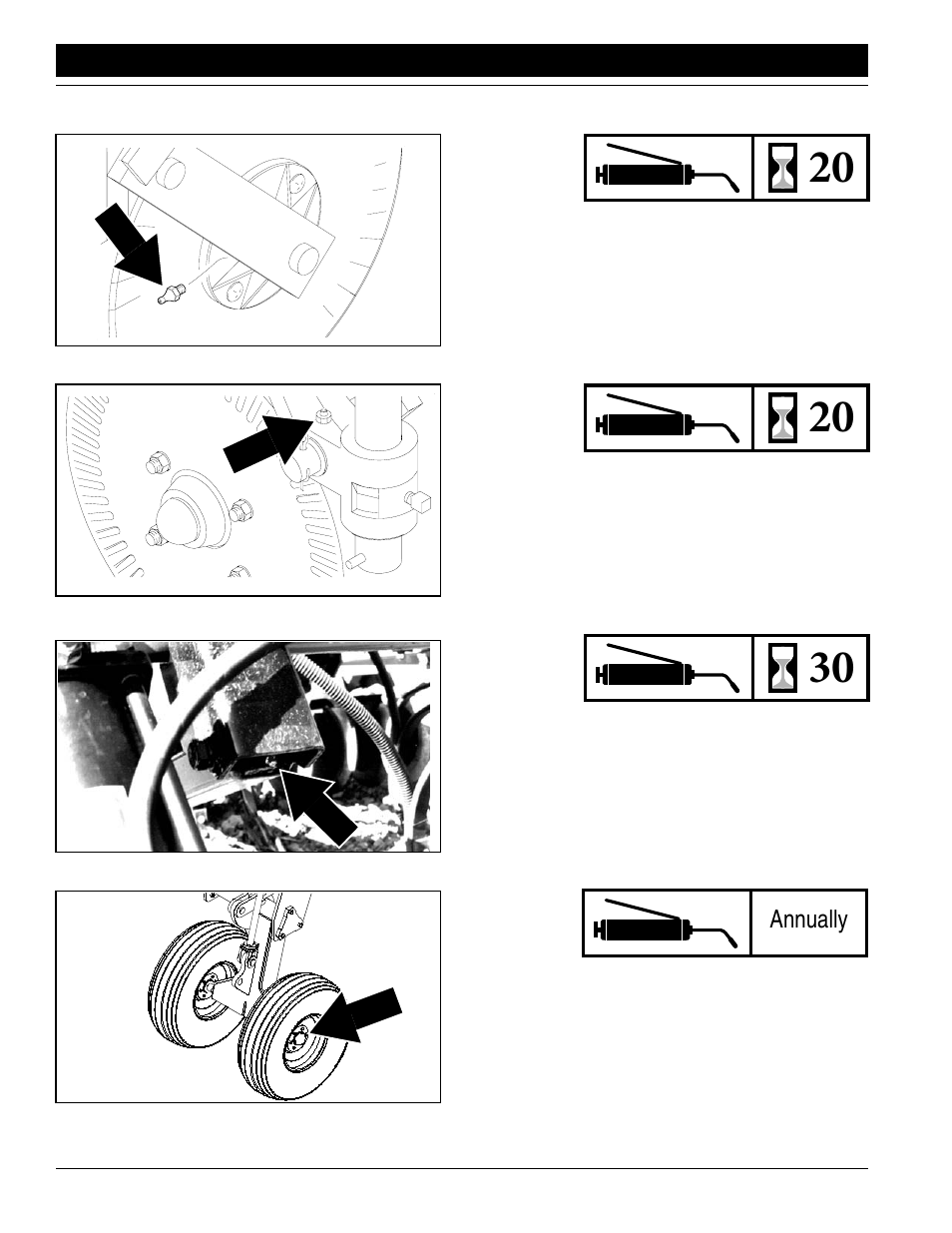 Coulters floating hoes wheel or axle bearings, Annually | Great Plains ADI445 Operator Manual User Manual | Page 44 / 48