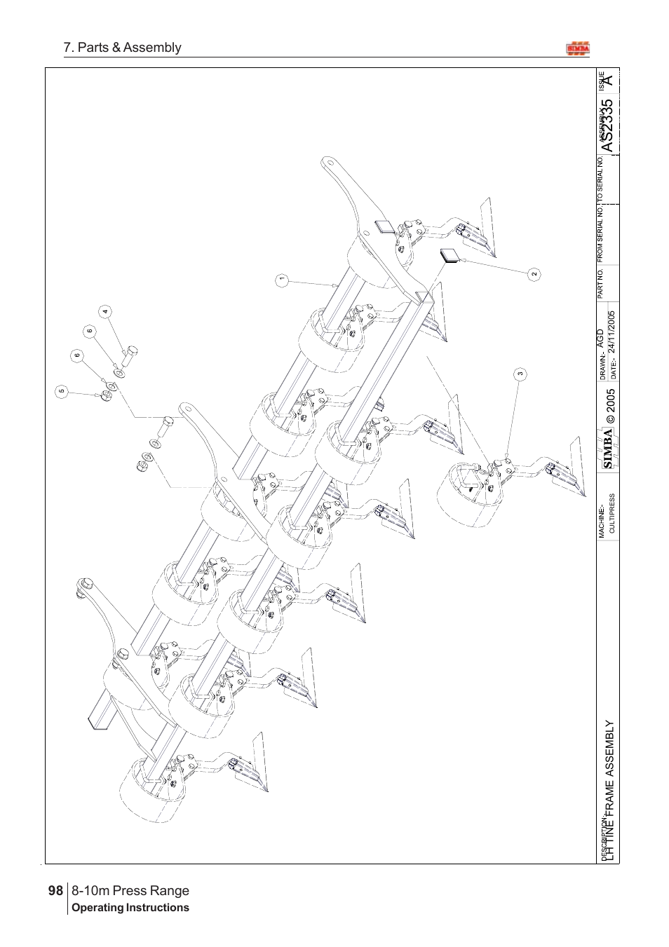 Aas 2335, 10m press range, 98 7. parts & assembly | Great Plains 8-10m Press Range SN 180081540048 Parts Manual User Manual | Page 54 / 176