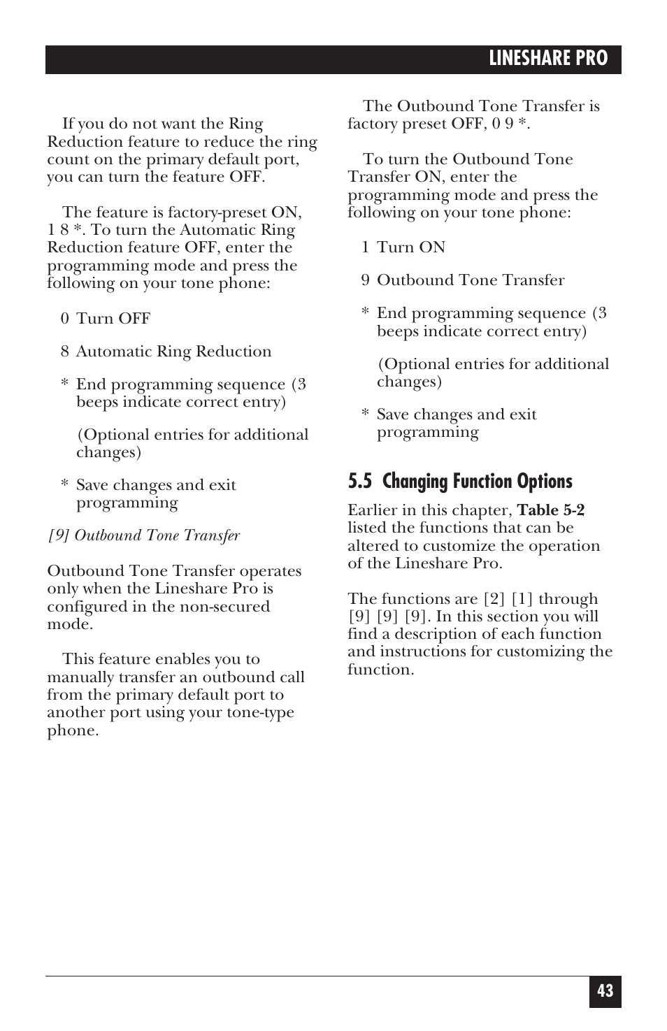 Lineshare pro, 5 changing function options | Black Box FX150A User Manual | Page 42 / 51