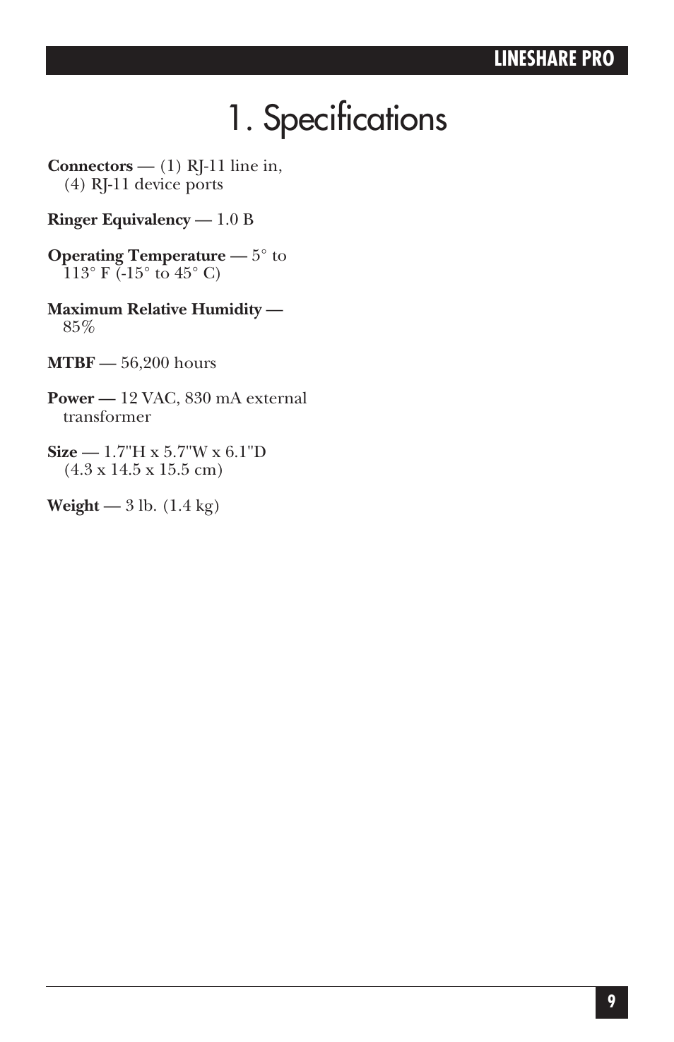 Specifications | Black Box FX150A User Manual | Page 8 / 51