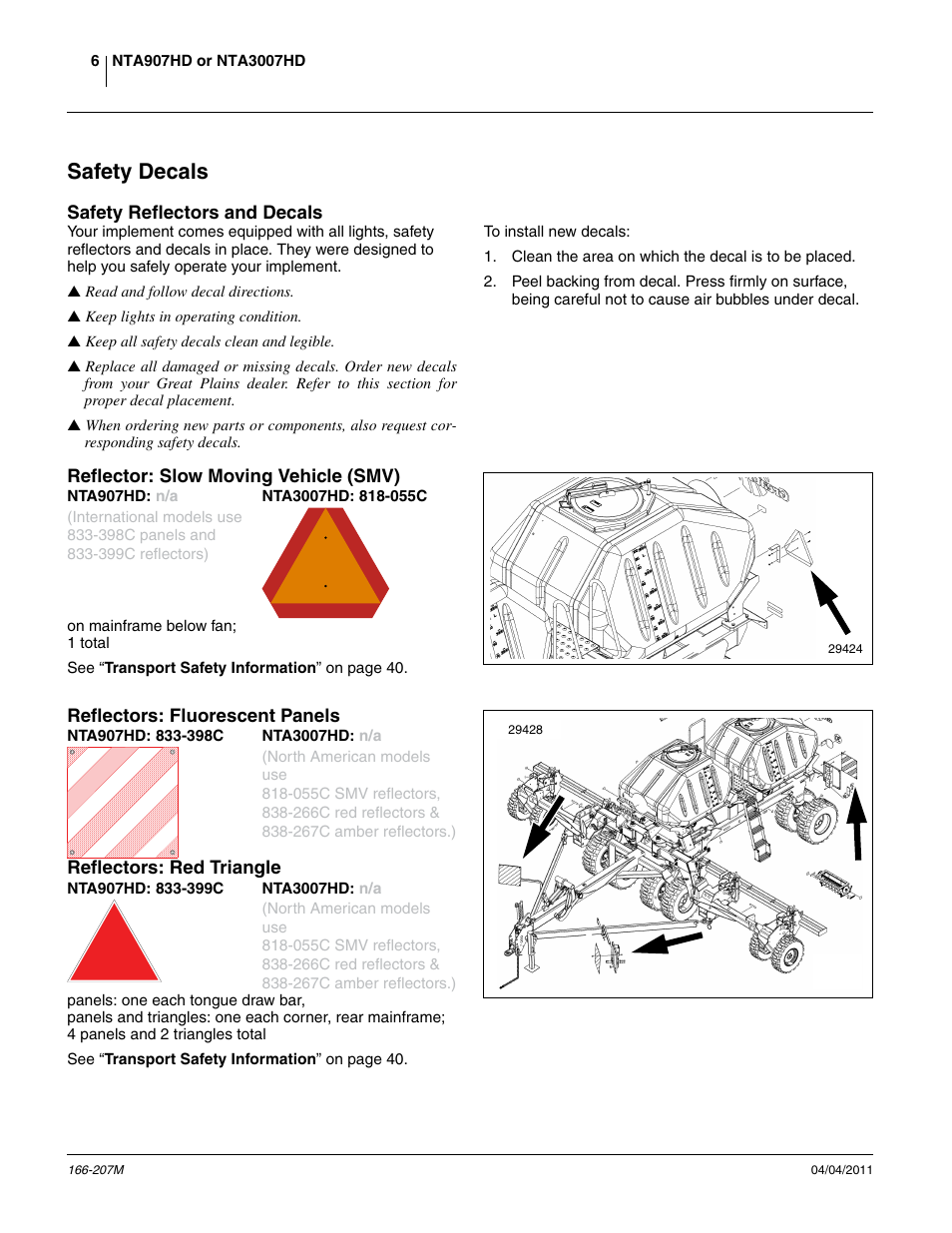 Safety decals, Safety reflectors and decals, Reflector: slow moving vehicle (smv) | Nta907hd: n/a, Nta3007hd: 818-055c, Reflectors: fluorescent panels, Nta907hd: 833-398c, Nta3007hd: n/a, Reflectors: red triangle, Nta907hd: 833-399c | Great Plains NTA3007HD Operator Manual User Manual | Page 10 / 180