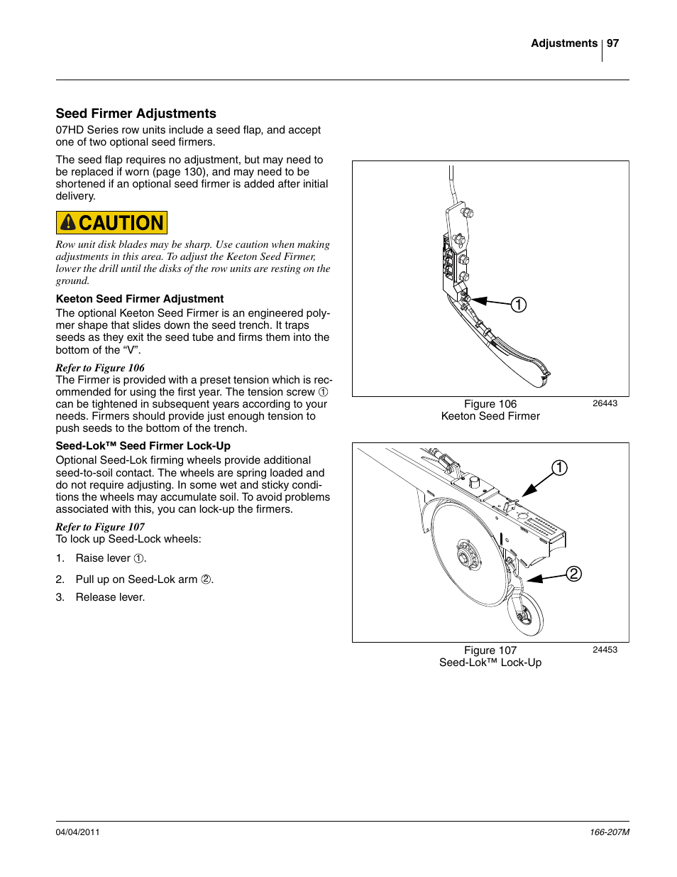 Seed firmer adjustments, Keeton seed firmer adjustment, Seed-lok™ seed firmer lock-up | Great Plains NTA3007HD Operator Manual User Manual | Page 101 / 180