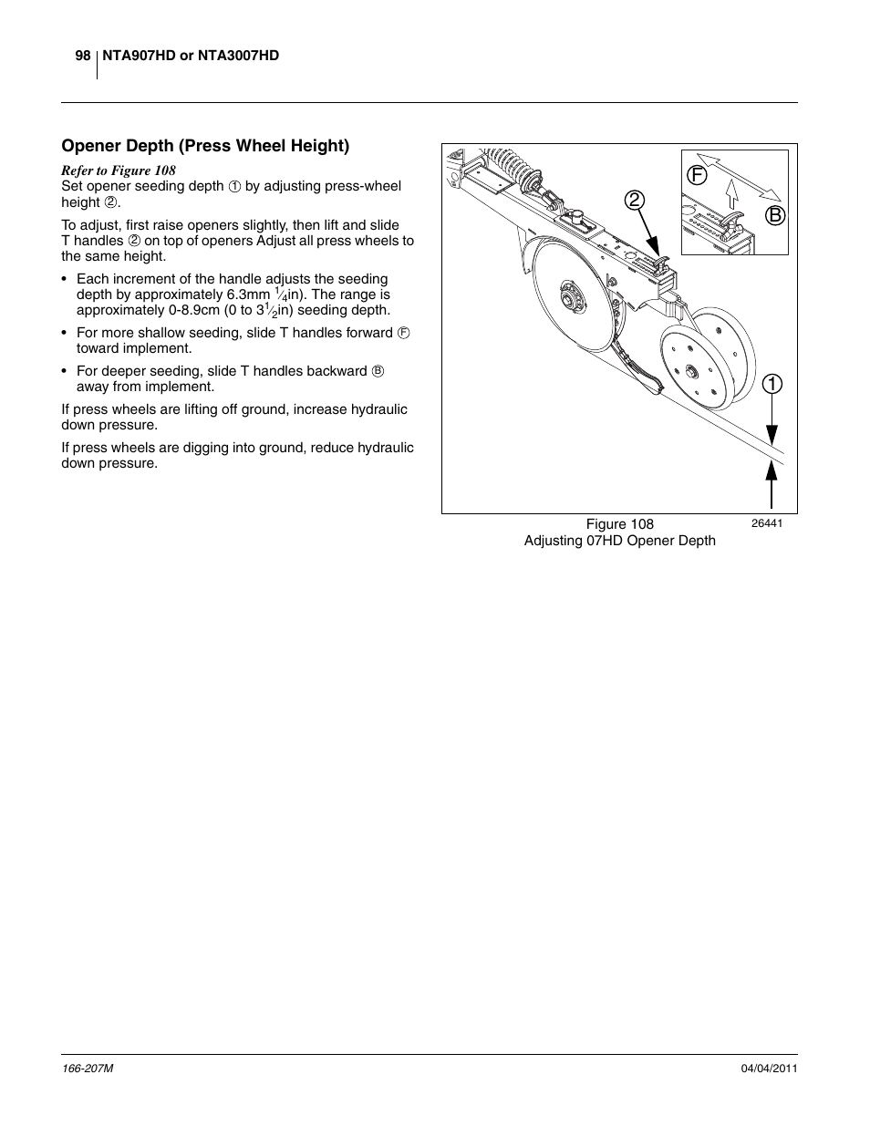 Opener depth (press wheel height), 12 b f | Great Plains NTA3007HD Operator Manual User Manual | Page 102 / 180