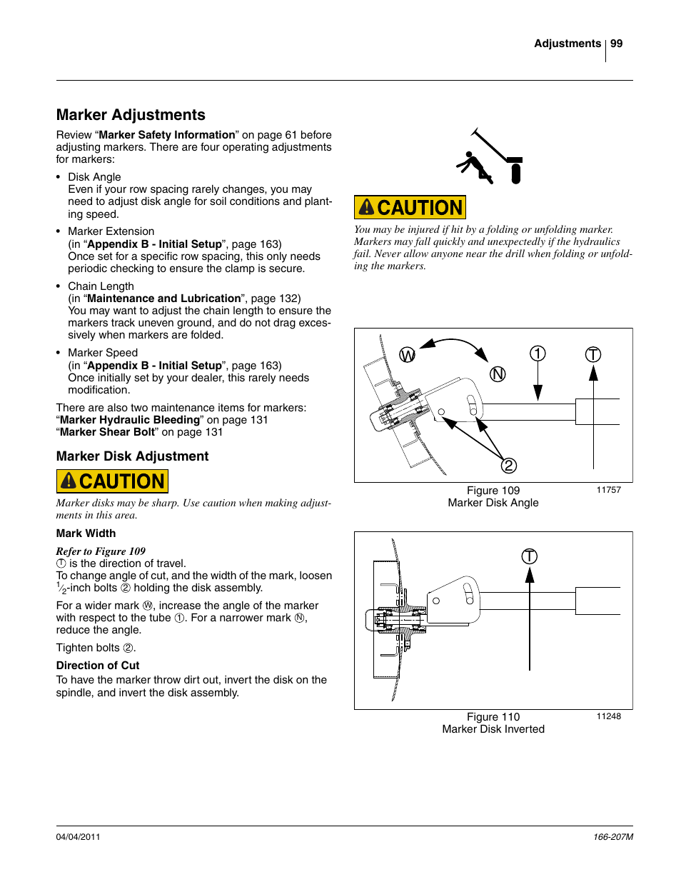 Marker adjustments, Marker disk adjustment, Mark width | Direction of cut, 21 n w t | Great Plains NTA3007HD Operator Manual User Manual | Page 103 / 180