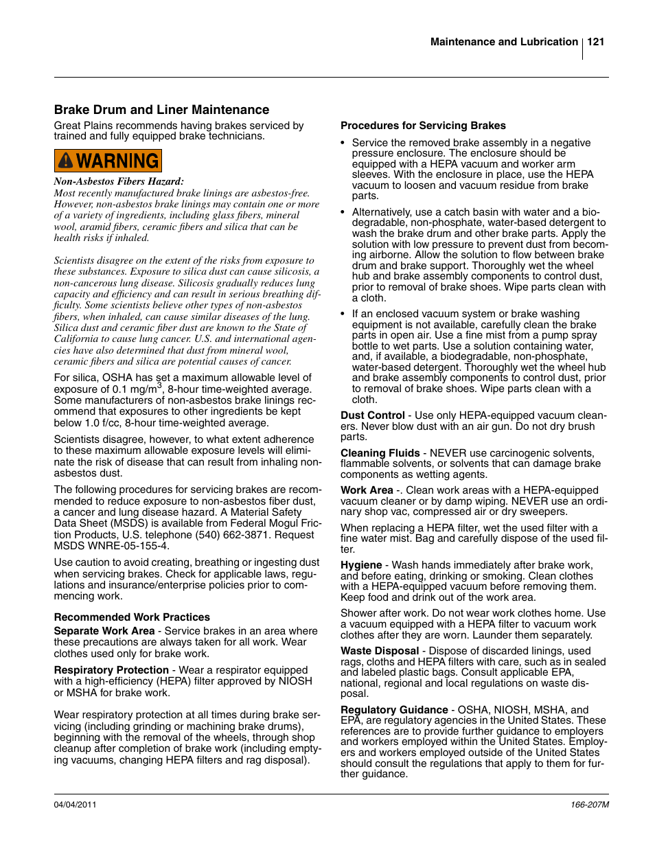 Brake drum and liner maintenance, Recommended work practices | Great Plains NTA3007HD Operator Manual User Manual | Page 125 / 180