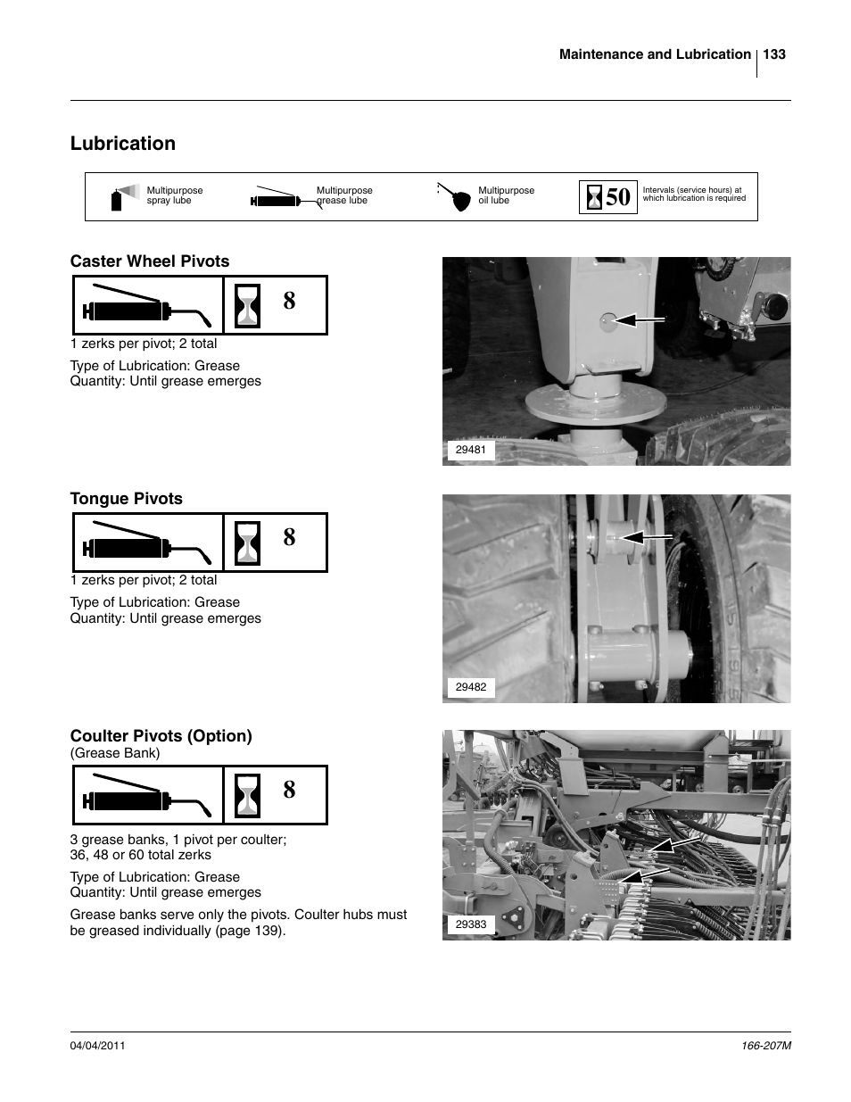 Lubrication, Caster wheel pivots, Tongue pivots | Coulter pivots (option) | Great Plains NTA3007HD Operator Manual User Manual | Page 137 / 180
