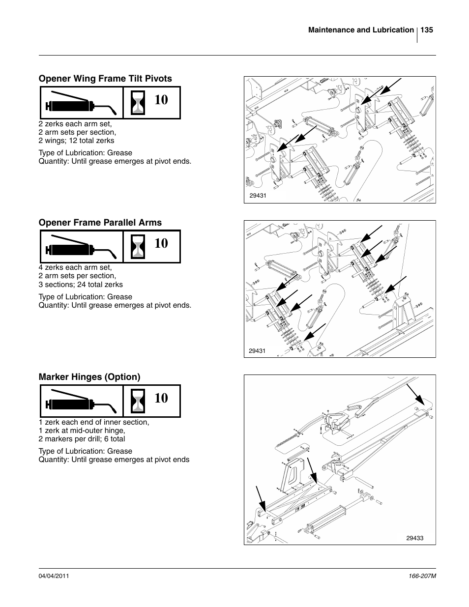 Opener wing frame tilt pivots, Opener frame parallel arms, Marker hinges (option) | Great Plains NTA3007HD Operator Manual User Manual | Page 139 / 180