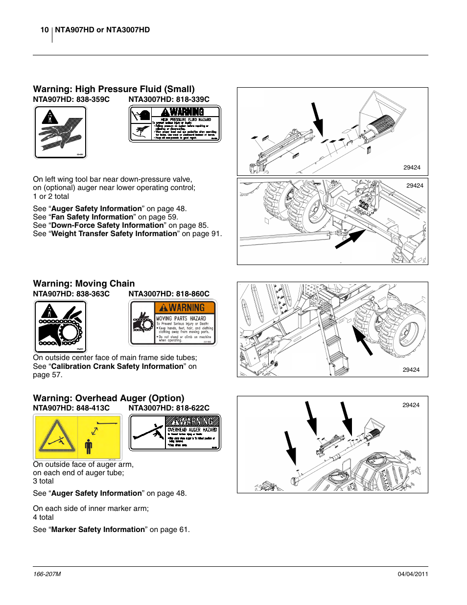 Warning: high pressure fluid (small), Nta907hd: 838-359c, Nta3007hd: 818-339c | Warning: moving chain, Nta907hd: 838-363c, Nta3007hd: 818-860c, Warning: overhead auger (option), Nta907hd: 848-413c, Nta3007hd: 818-622c | Great Plains NTA3007HD Operator Manual User Manual | Page 14 / 180