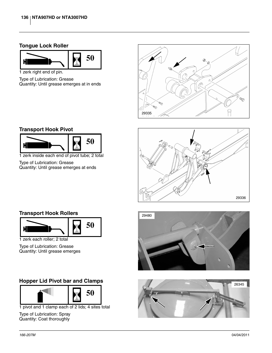 Tongue lock roller, Transport hook pivot, Transport hook rollers | Hopper lid pivot bar and clamps | Great Plains NTA3007HD Operator Manual User Manual | Page 140 / 180