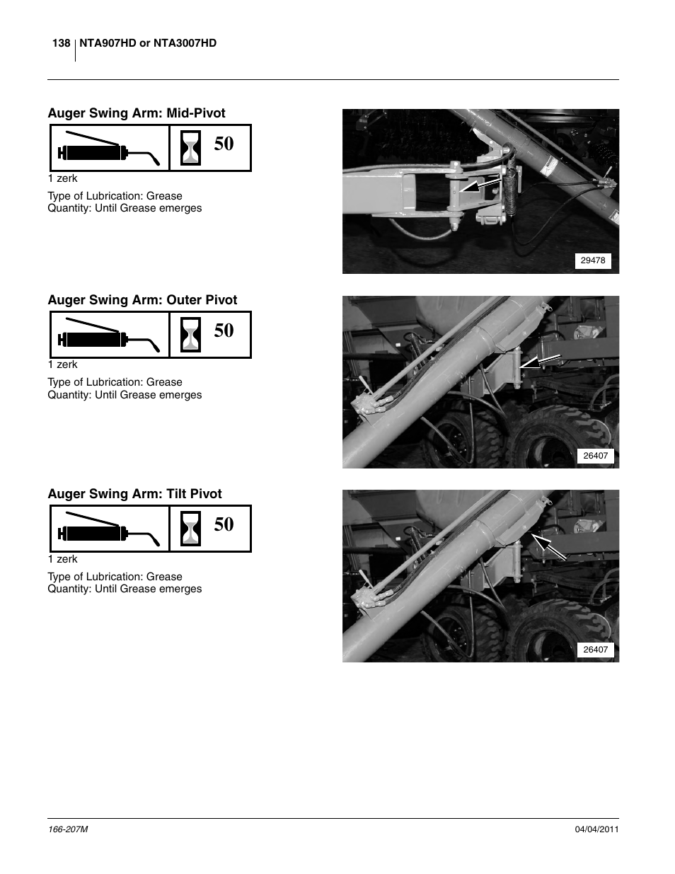 Auger swing arm: mid-pivot, Auger swing arm: outer pivot, Auger swing arm: tilt pivot | Great Plains NTA3007HD Operator Manual User Manual | Page 142 / 180