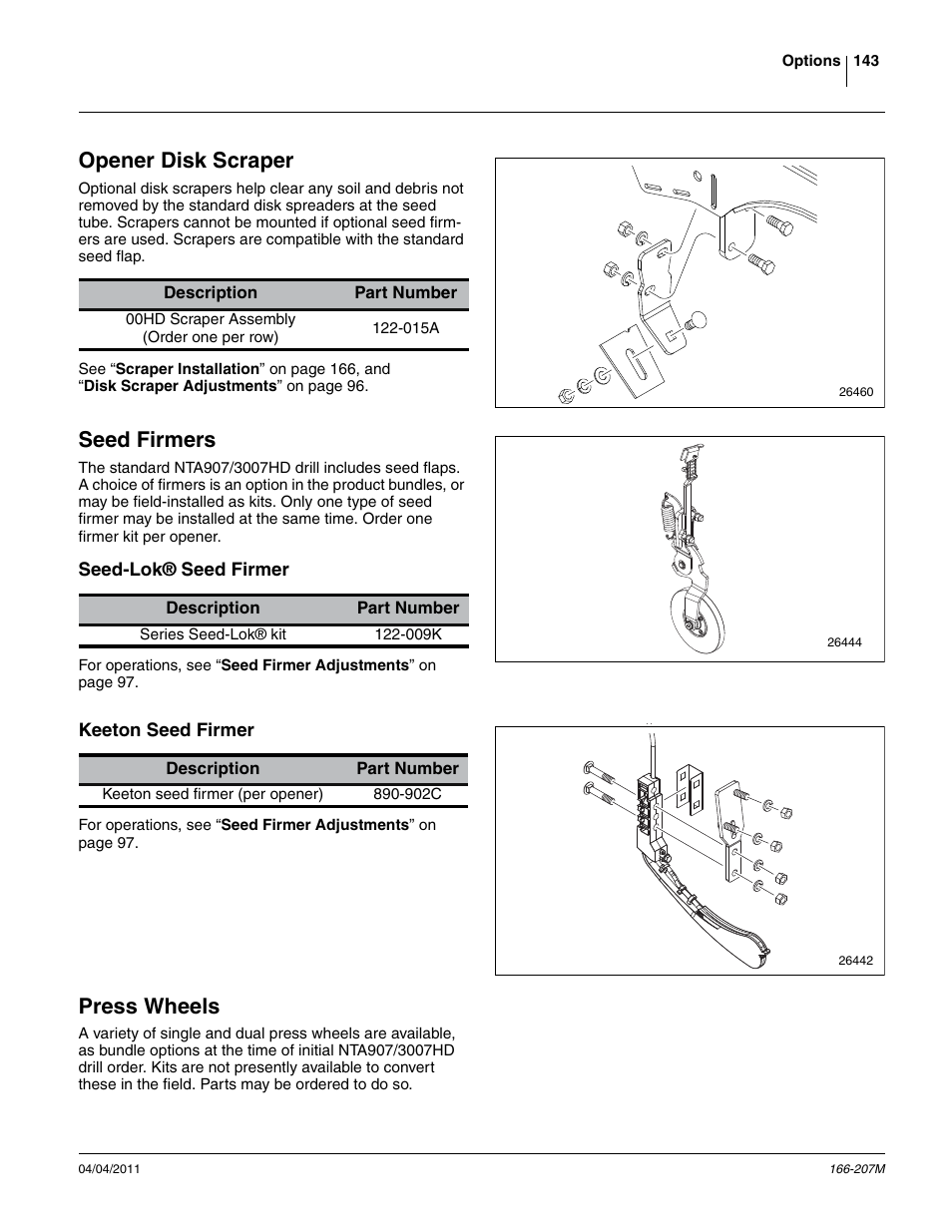 Opener disk scraper, Seed firmers, Seed-lok® seed firmer | Keeton seed firmer, Press wheels | Great Plains NTA3007HD Operator Manual User Manual | Page 147 / 180