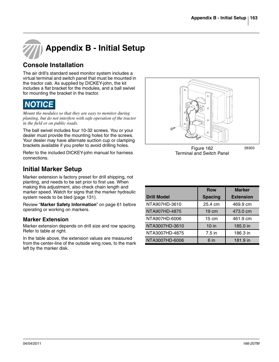 Appendix b - initial setup, Console installation, Initial marker setup | Marker extension | Great Plains NTA3007HD Operator Manual User Manual | Page 167 / 180