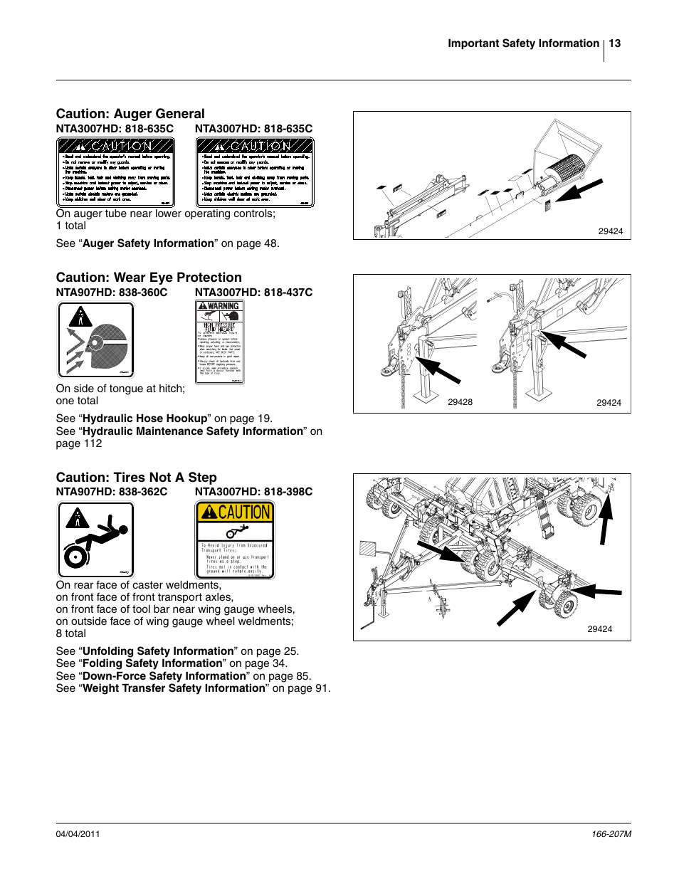 Caution: auger general, Nta3007hd: 818-635c, Caution: wear eye protection | Nta907hd: 838-360c, Nta3007hd: 818-437c, Caution: tires not a step, Nta907hd: 838-362c, Nta3007hd: 818-398c | Great Plains NTA3007HD Operator Manual User Manual | Page 17 / 180