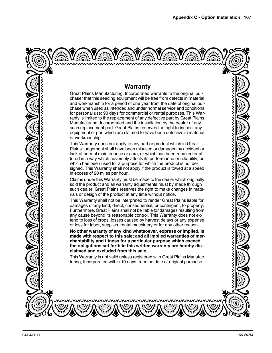 Warranty | Great Plains NTA3007HD Operator Manual User Manual | Page 171 / 180