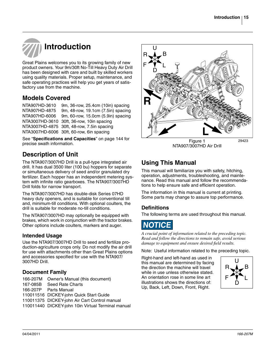 Introduction, Models covered, Description of unit | Intended usage, Document family, Using this manual, Definitions, Introduction models covered description of unit, Intended usage document family | Great Plains NTA3007HD Operator Manual User Manual | Page 19 / 180