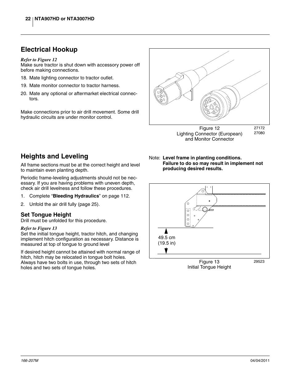 Electrical hookup, Heights and leveling, Set tongue height | Electrical hookup heights and leveling | Great Plains NTA3007HD Operator Manual User Manual | Page 26 / 180