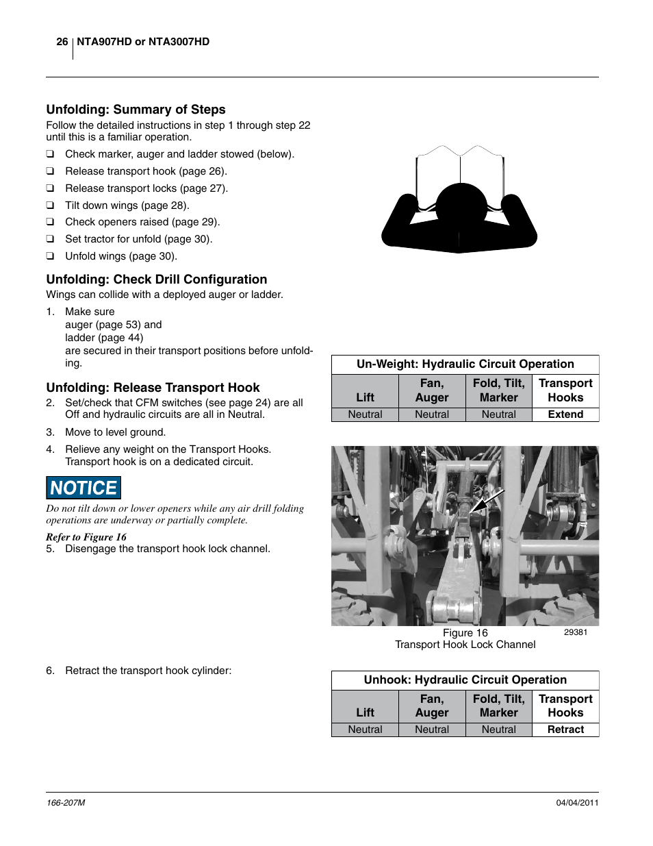 Unfolding: summary of steps, Unfolding: check drill configuration, Unfolding: release transport hook | Great Plains NTA3007HD Operator Manual User Manual | Page 30 / 180