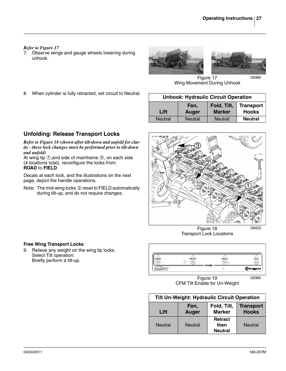 Unfolding: release transport locks, Free wing transport locks | Great Plains NTA3007HD Operator Manual User Manual | Page 31 / 180