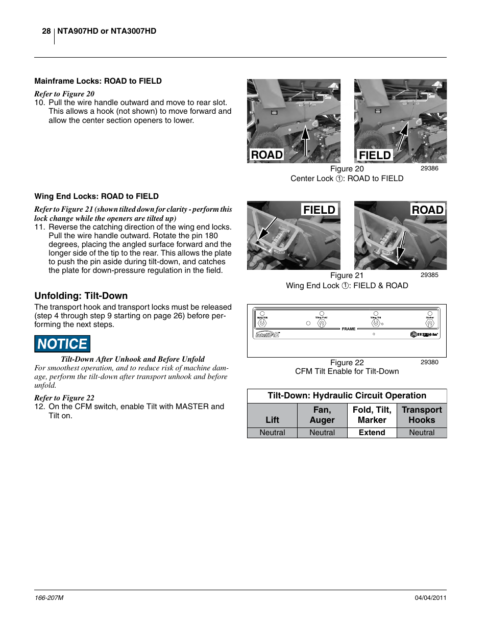 Mainframe locks: road to field, Wing end locks: road to field, Unfolding: tilt-down | Road, Field | Great Plains NTA3007HD Operator Manual User Manual | Page 32 / 180