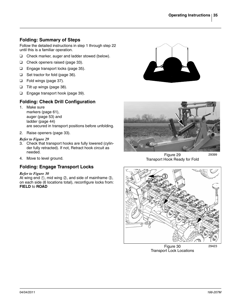 Folding: summary of steps, Folding: check drill configuration, Folding: engage transport locks | Great Plains NTA3007HD Operator Manual User Manual | Page 39 / 180