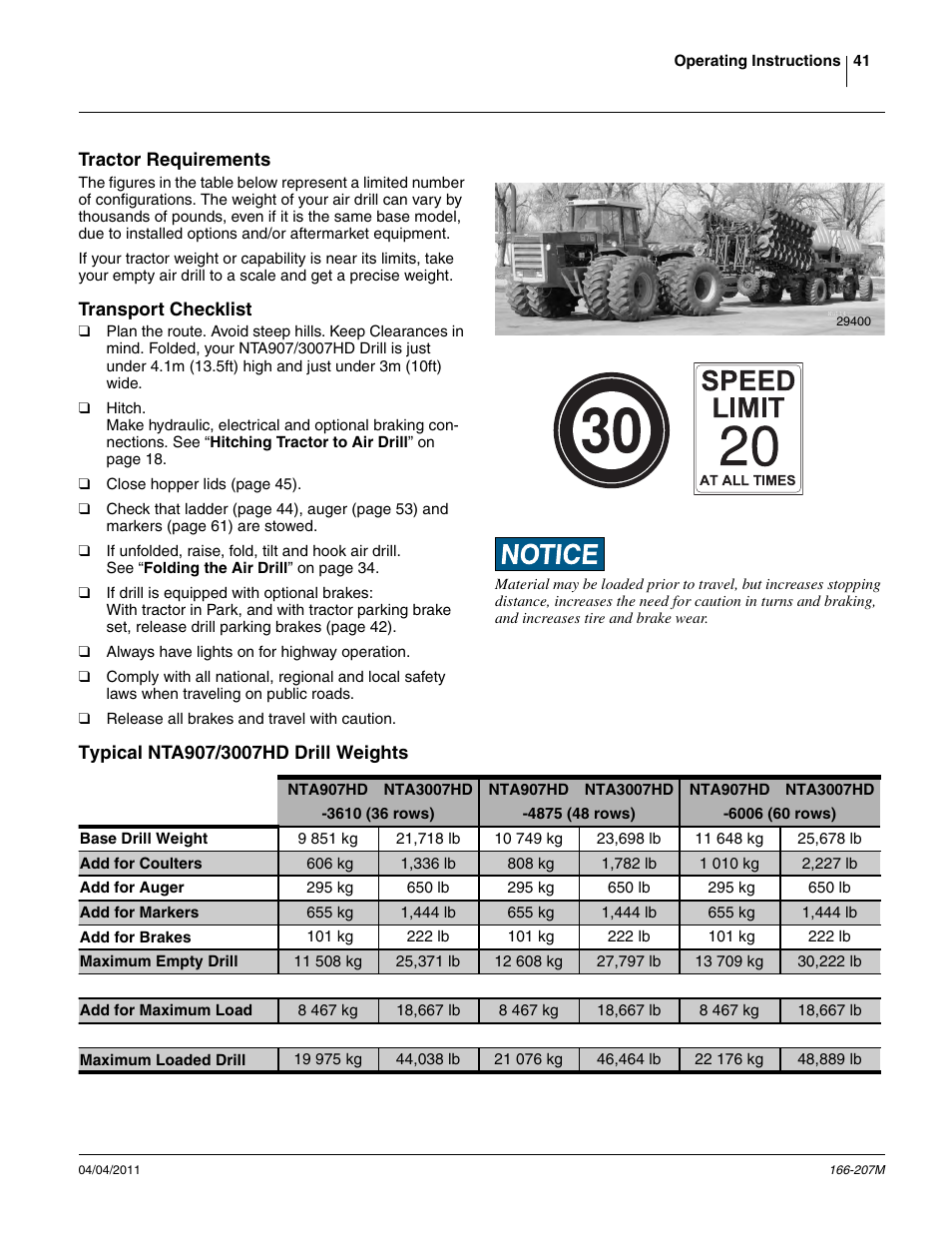 Tractor requirements, Transport checklist, Typical nta907/3007hd drill weights | Tractor requirements transport checklist | Great Plains NTA3007HD Operator Manual User Manual | Page 45 / 180