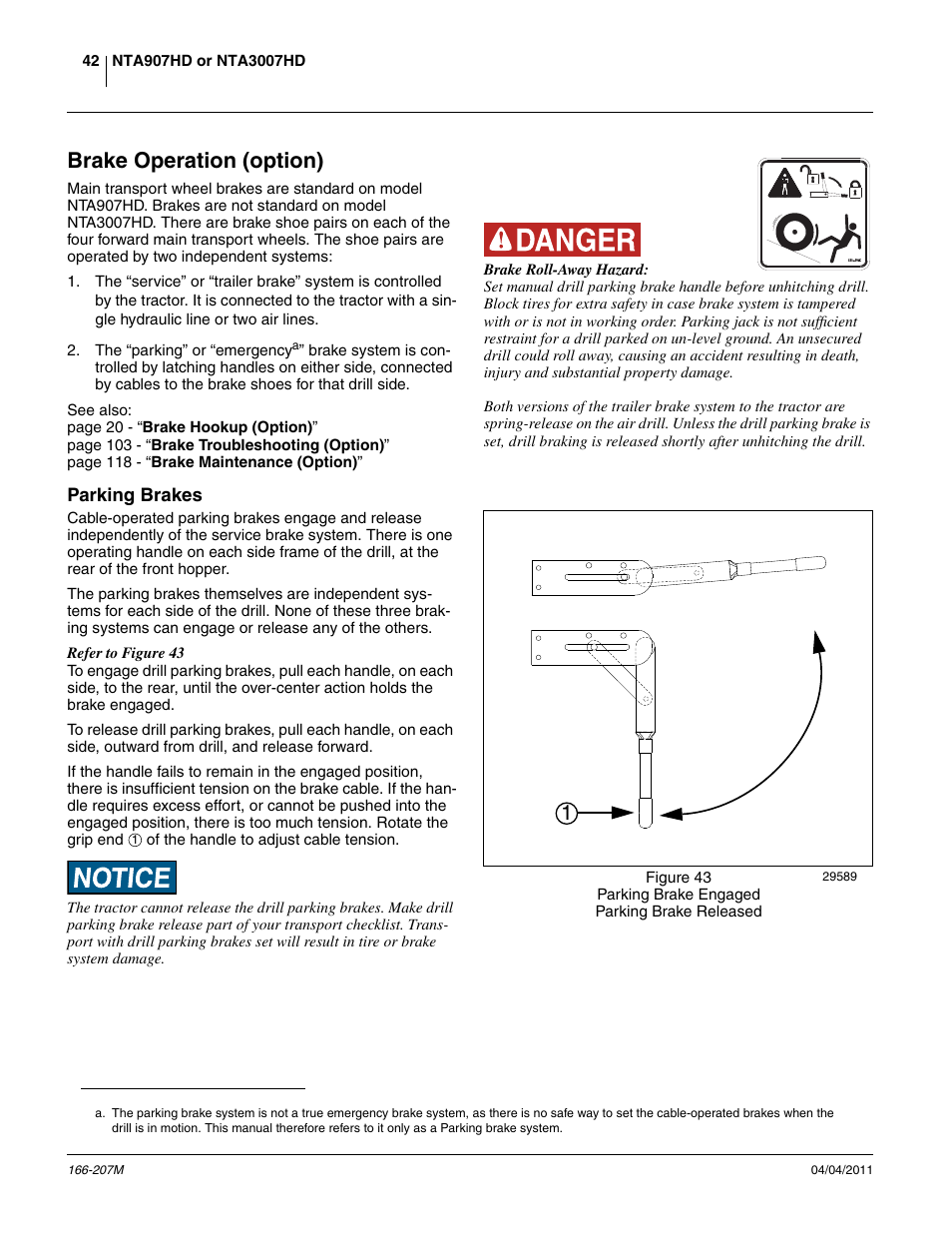 Brake operation (option), Parking brakes | Great Plains NTA3007HD Operator Manual User Manual | Page 46 / 180