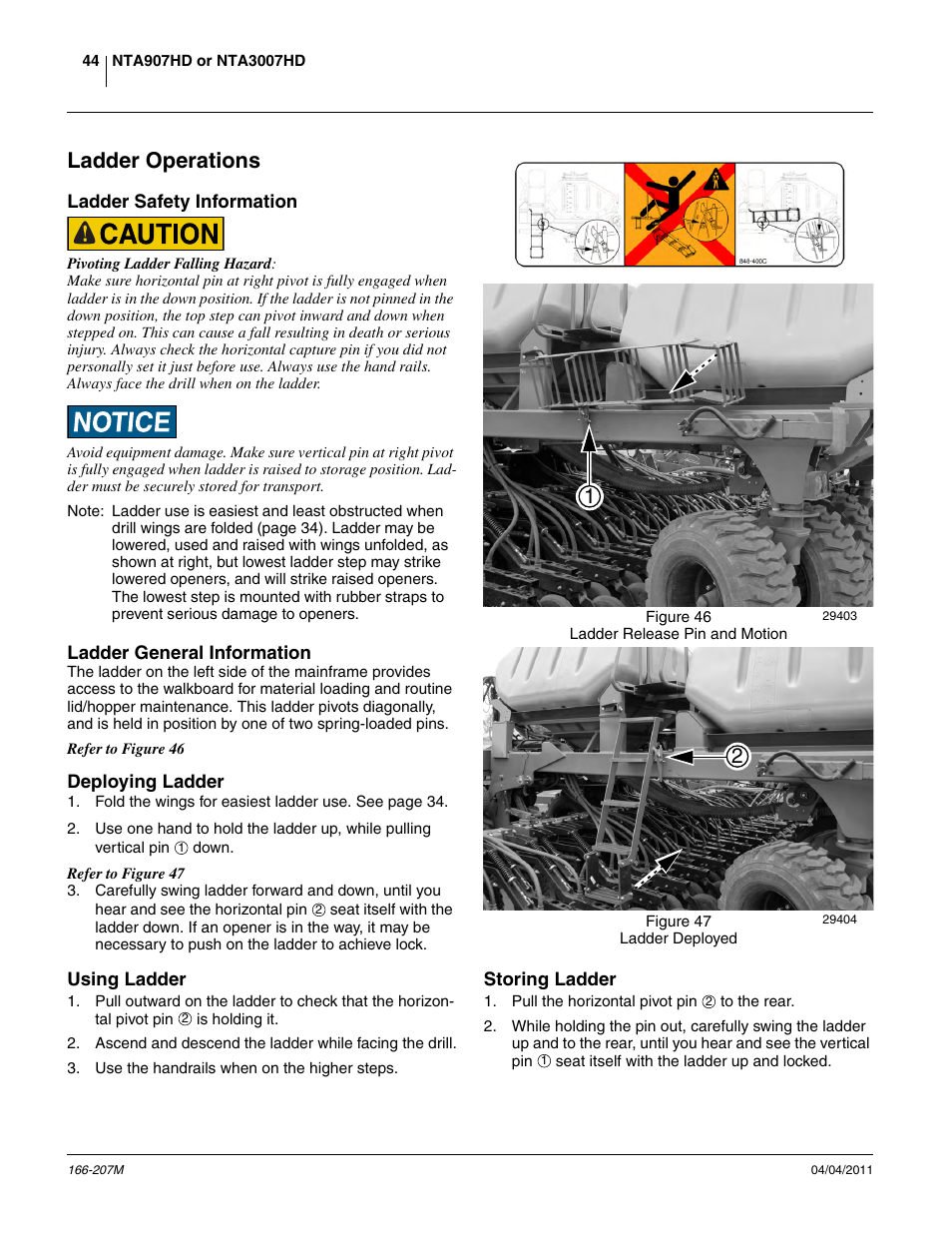 Ladder operations, Ladder safety information, Ladder general information | Deploying ladder, Using ladder, Storing ladder | Great Plains NTA3007HD Operator Manual User Manual | Page 48 / 180