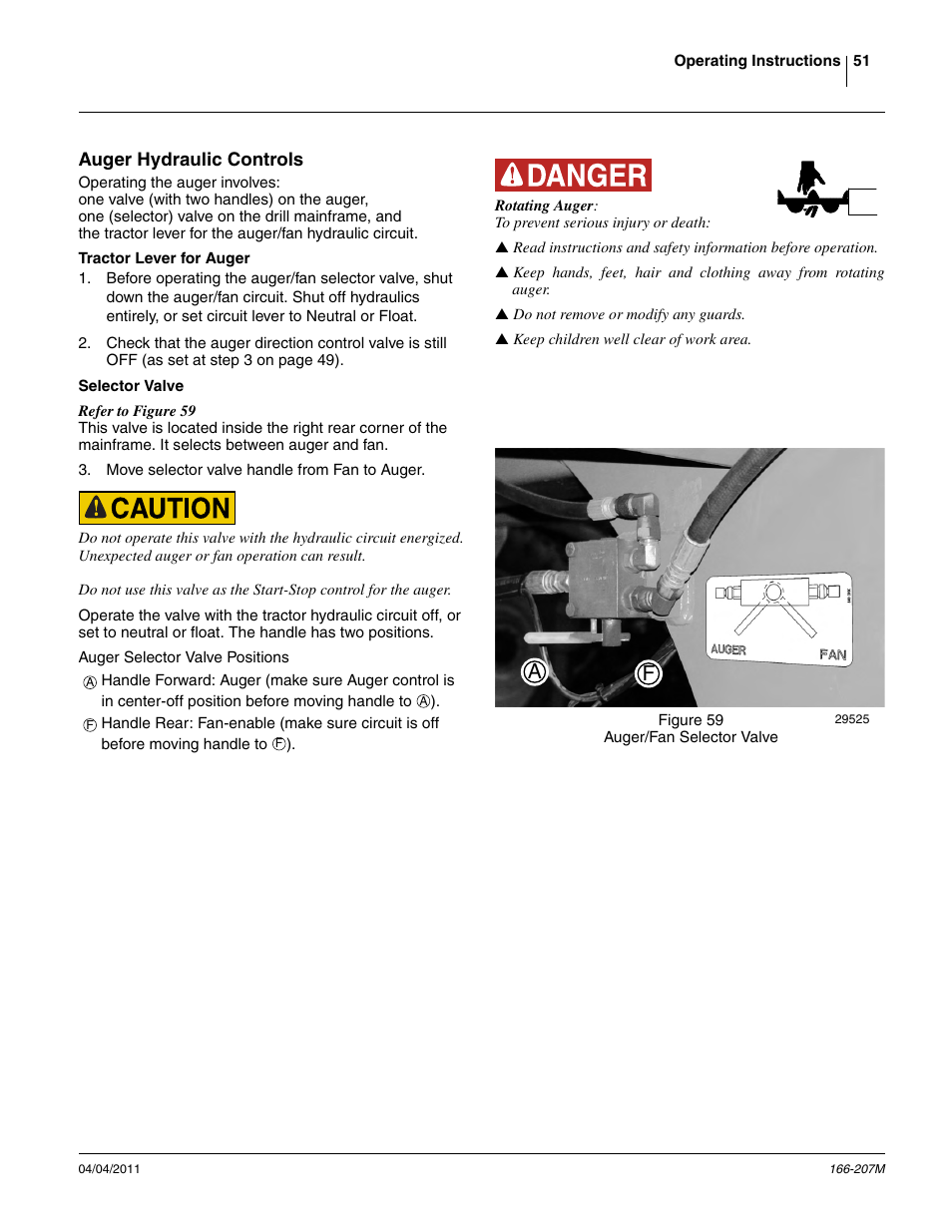 Auger hydraulic controls, Tractor lever for auger, Selector valve | Tractor lever for auger selector valve | Great Plains NTA3007HD Operator Manual User Manual | Page 55 / 180