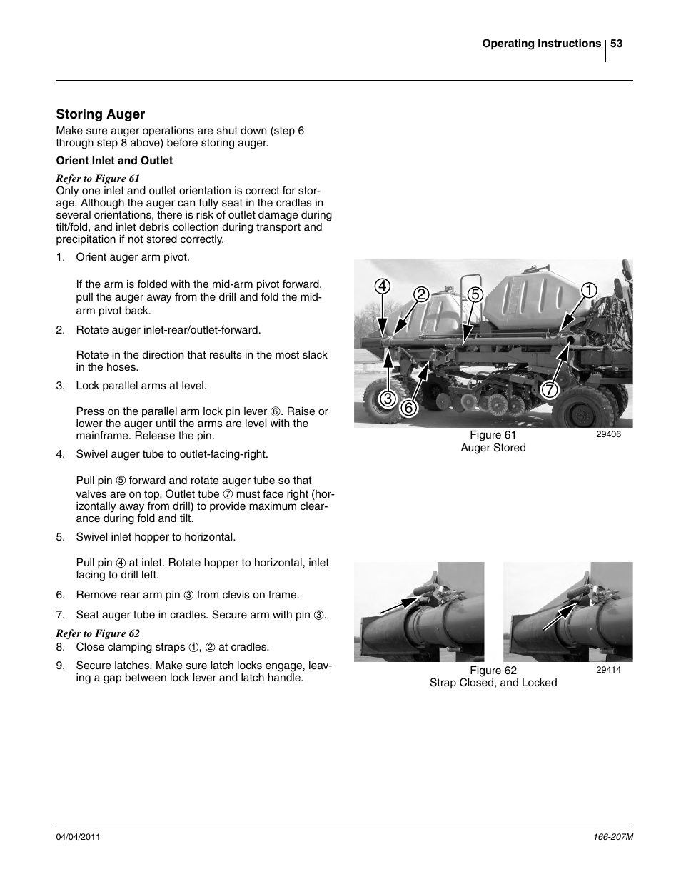 Storing auger, Orient inlet and outlet, 53) and | Great Plains NTA3007HD Operator Manual User Manual | Page 57 / 180