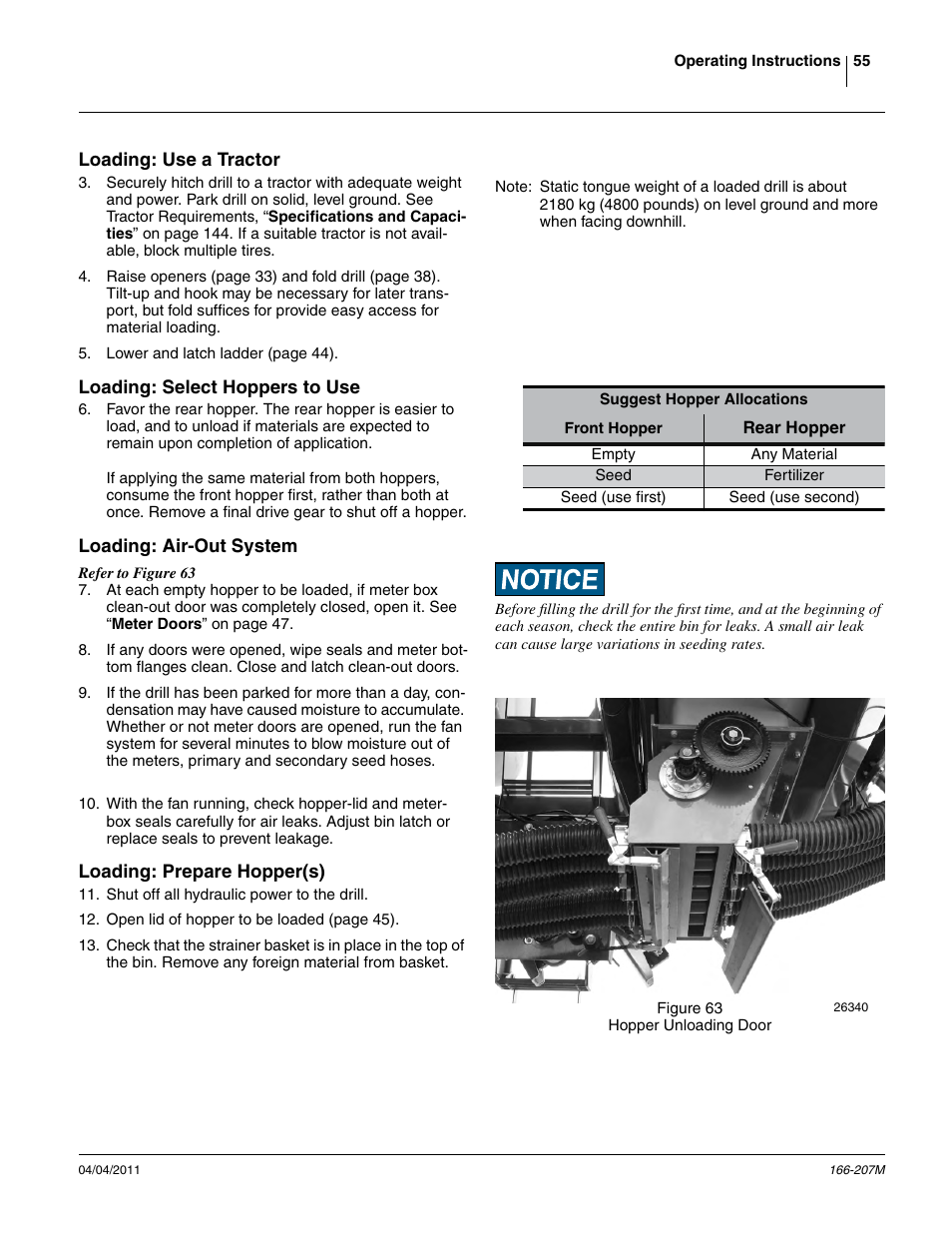 Loading: use a tractor, Loading: select hoppers to use, Loading: air-out system | Loading: prepare hopper(s) | Great Plains NTA3007HD Operator Manual User Manual | Page 59 / 180