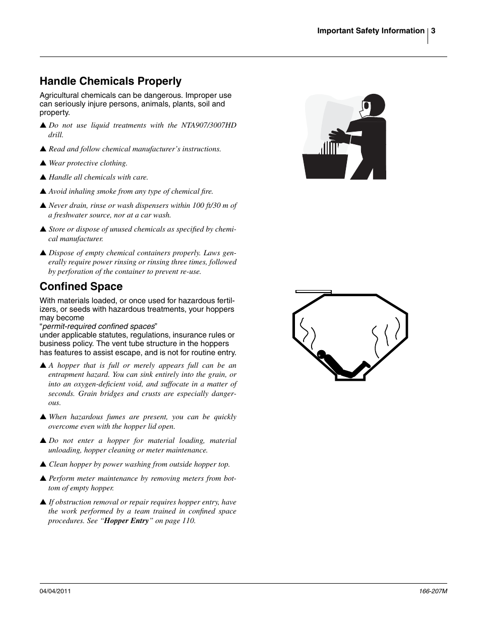 Handle chemicals properly, Confined space | Great Plains NTA3007HD Operator Manual User Manual | Page 7 / 180