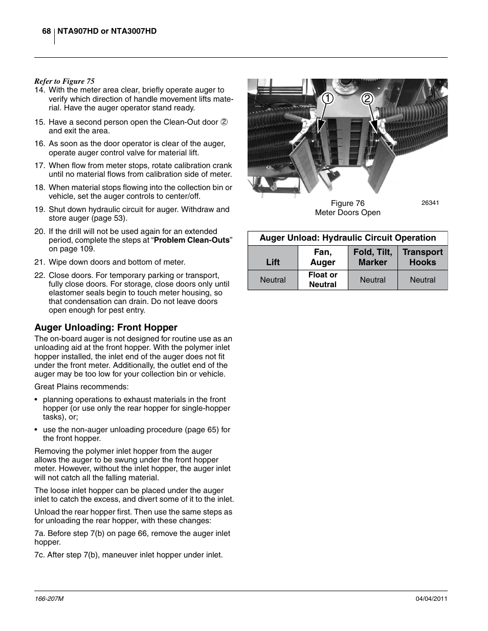 Auger unloading: front hopper | Great Plains NTA3007HD Operator Manual User Manual | Page 72 / 180