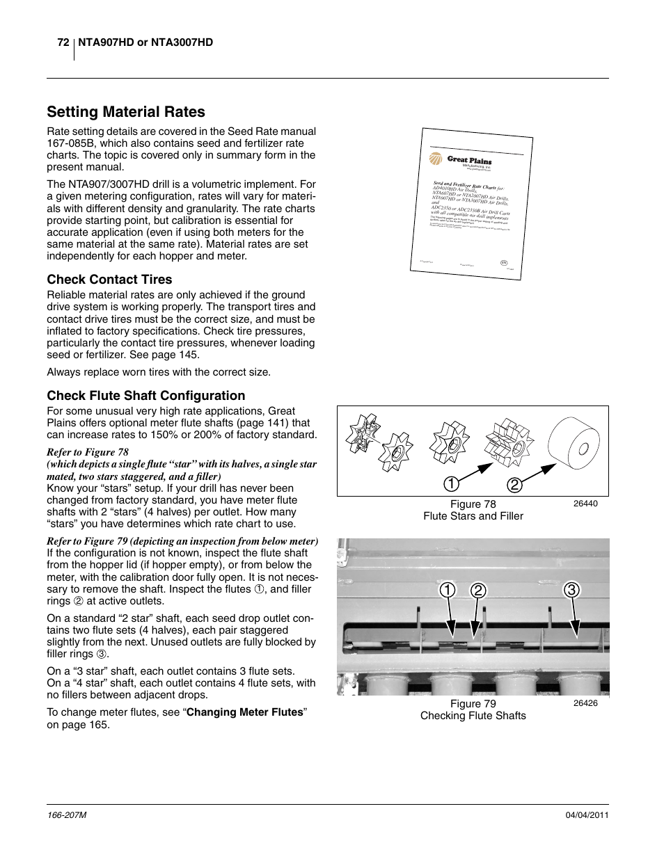 Setting material rates, Check contact tires, Check flute shaft configuration | Figure 78 flute stars and filler, Figure 79 checking flute shafts | Great Plains NTA3007HD Operator Manual User Manual | Page 76 / 180