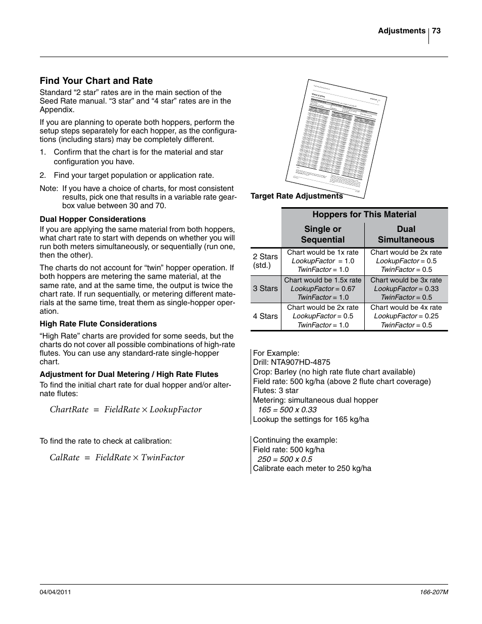 Find your chart and rate, Dual hopper considerations, High rate flute considerations | Adjustment for dual metering / high rate flutes, Chartrate fieldrate lookupfactor, Calrate fieldrate twinfactor ч, Adjustments 73, Target rate adjustments, 2 stars (std.), 3 stars | Great Plains NTA3007HD Operator Manual User Manual | Page 77 / 180