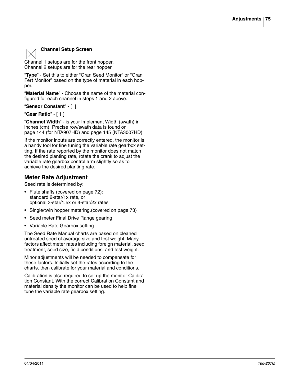 Channel setup screen, Meter rate adjustment | Great Plains NTA3007HD Operator Manual User Manual | Page 79 / 180