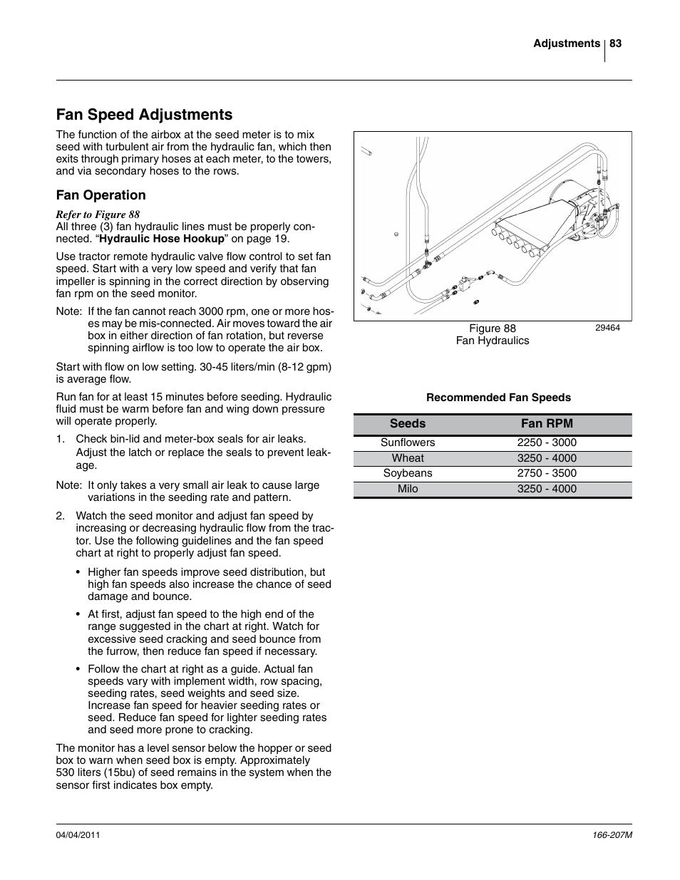 Fan speed adjustments, Fan operation, Recommended fan speeds | Great Plains NTA3007HD Operator Manual User Manual | Page 87 / 180