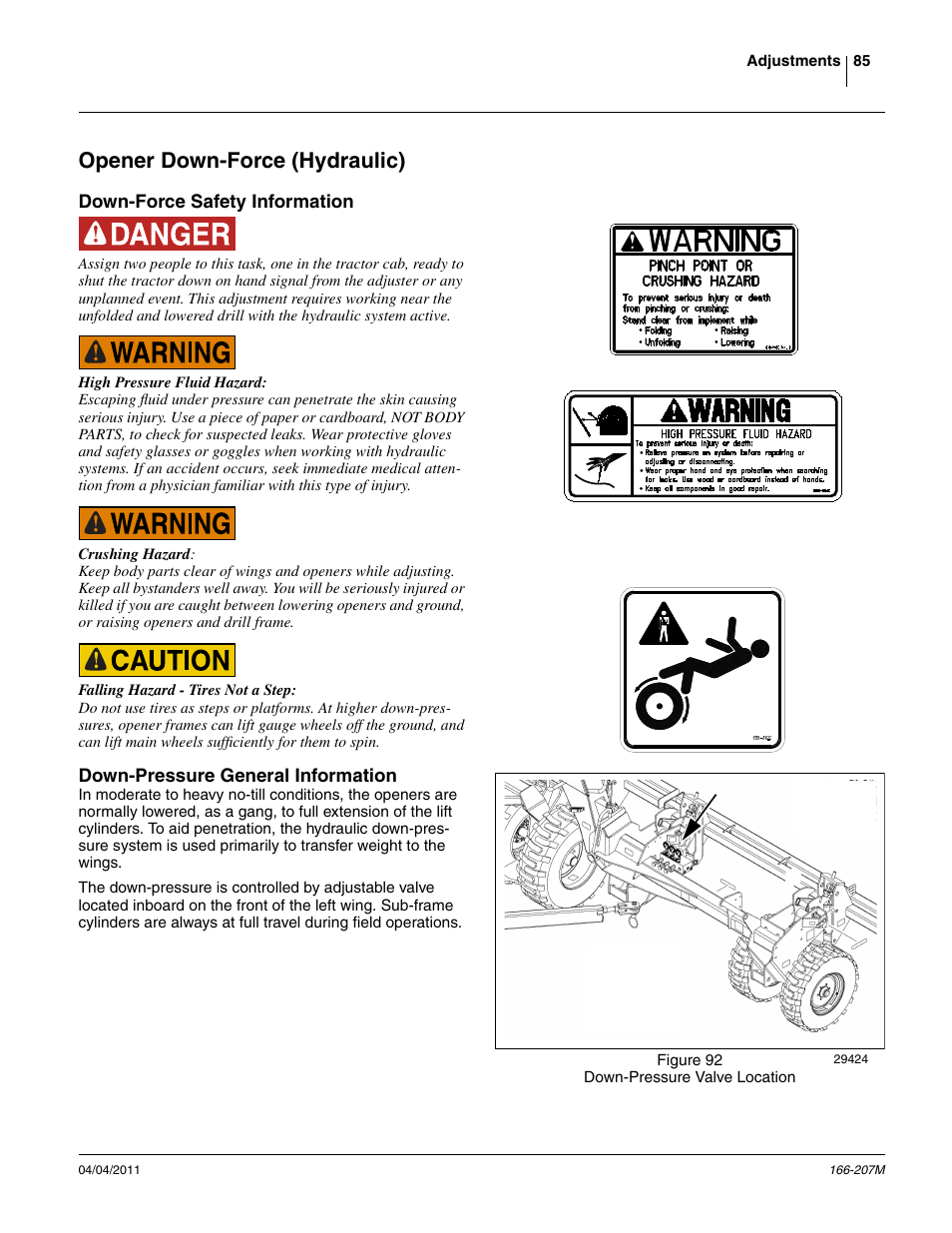 Opener down-force (hydraulic), Down-force safety information, Down-pressure general information | Great Plains NTA3007HD Operator Manual User Manual | Page 89 / 180