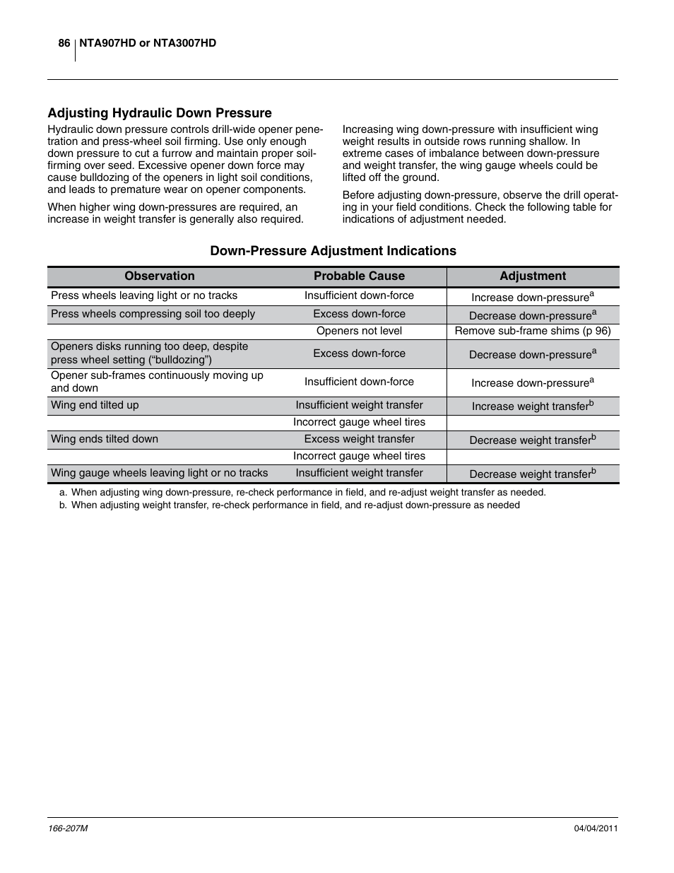 Adjusting hydraulic down pressure, Down-pressure adjustment indications | Great Plains NTA3007HD Operator Manual User Manual | Page 90 / 180