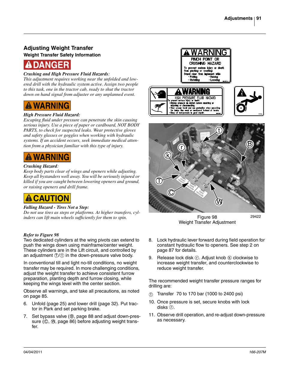 Adjusting weight transfer, Weight transfer safety information | Great Plains NTA3007HD Operator Manual User Manual | Page 95 / 180