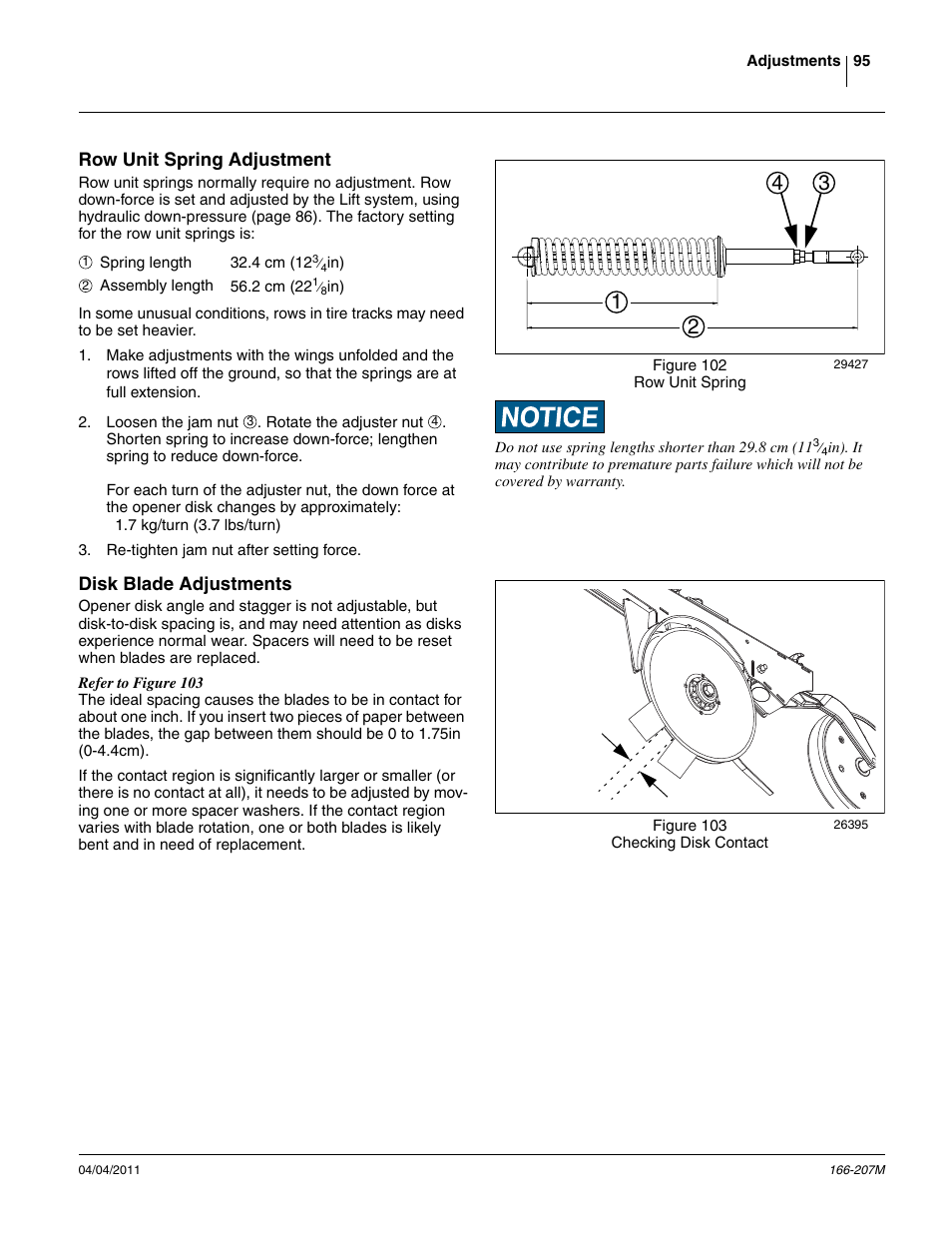 Row unit spring adjustment, Disk blade adjustments, Row unit spring adjustment disk blade adjustments | Great Plains NTA3007HD Operator Manual User Manual | Page 99 / 180