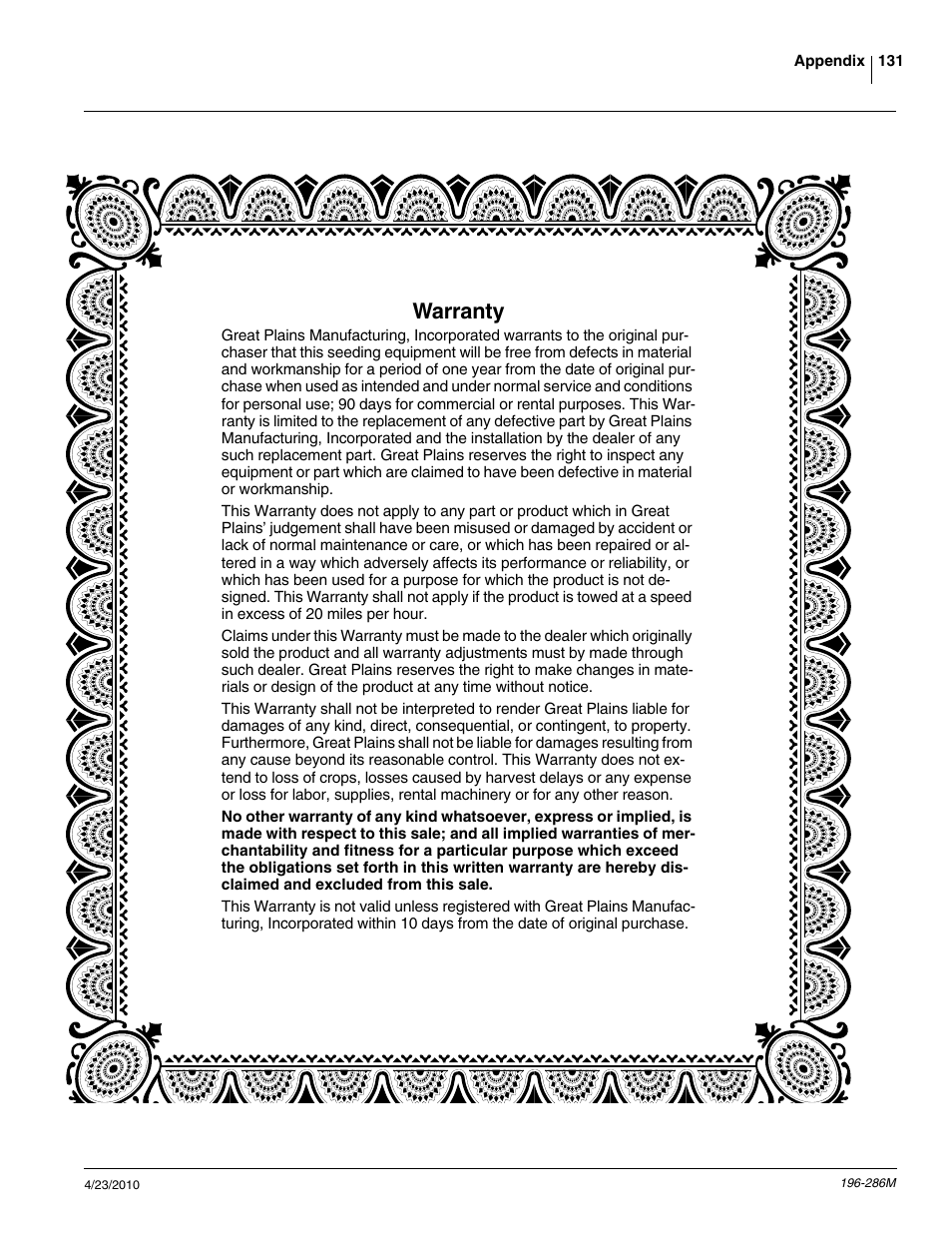 Warranty | Great Plains 3N-4025P Operator Manual User Manual | Page 133 / 134