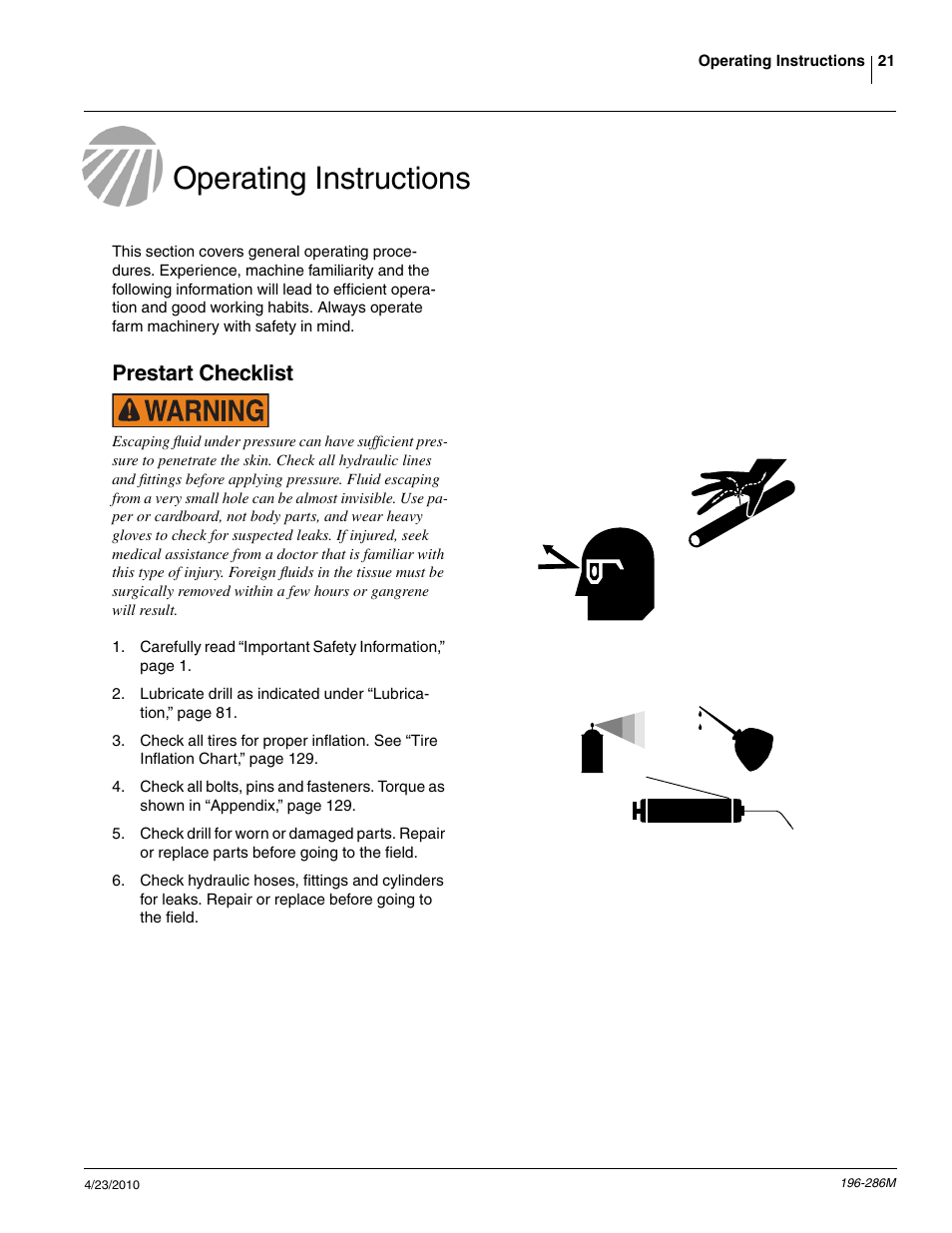 Operating instructions, Prestart checklist | Great Plains 3N-4025P Operator Manual User Manual | Page 23 / 134