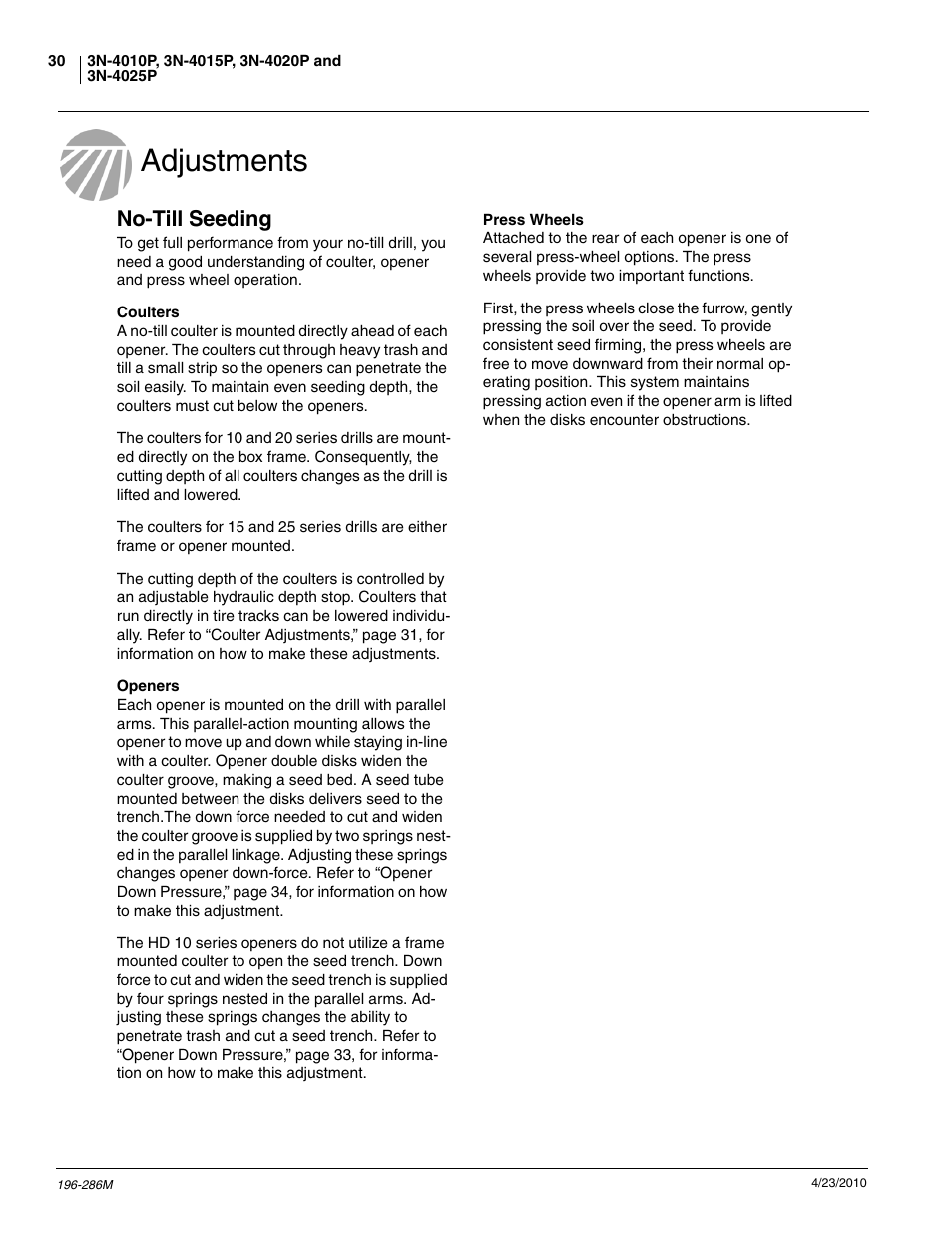 Adjustments, No-till seeding | Great Plains 3N-4025P Operator Manual User Manual | Page 32 / 134