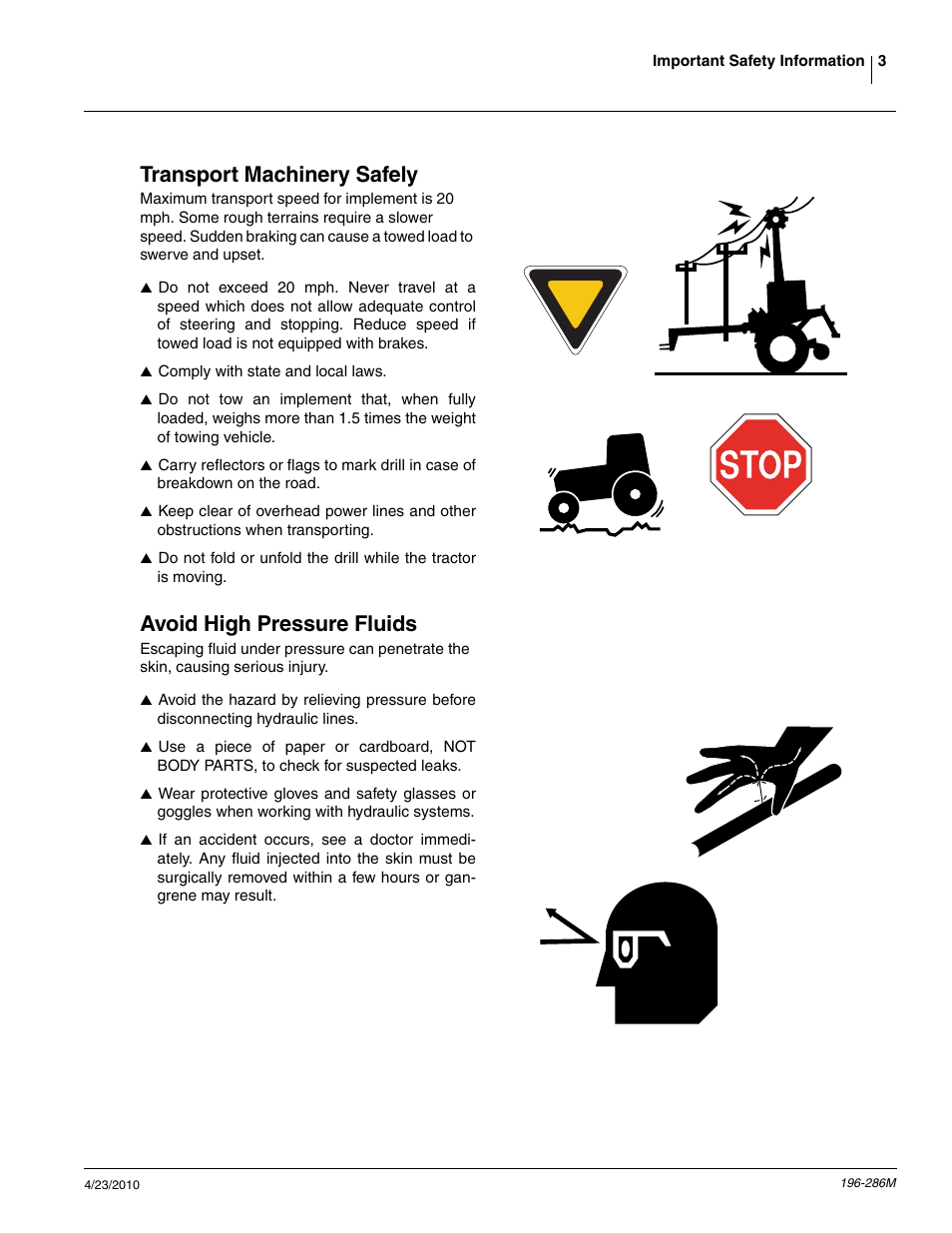 Transport machinery safely, Avoid high pressure fluids | Great Plains 3N-4025P Operator Manual User Manual | Page 5 / 134