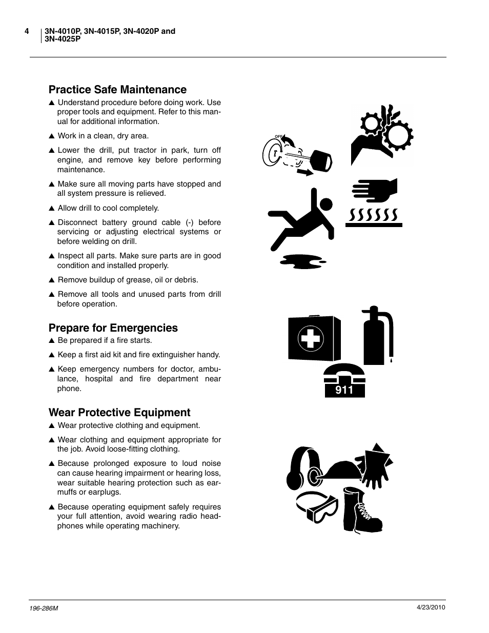 Practice safe maintenance, Prepare for emergencies, Wear protective equipment | Great Plains 3N-4025P Operator Manual User Manual | Page 6 / 134